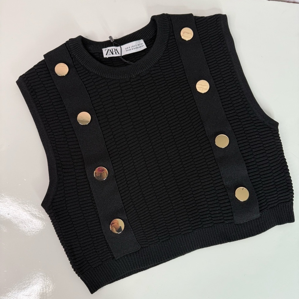 NEW ZARA S Black Sleeveless Crop Top Knit Vest Gold Button Accents Small NWT - Picture 14 of 15